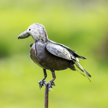 Metalen tuinbeeld van een kraai, gemaakt door een Afrikaanse kunstenaar. 