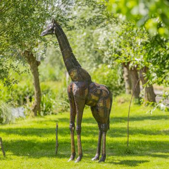 Metalen tuinbeeld van een giraffe, gemaakt door een Afrikaanse kunstenaar. 