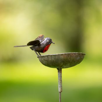 Metalen tuinbeeld van een roodborst Schaal, gemaakt door een Afrikaanse kunstenaar. 