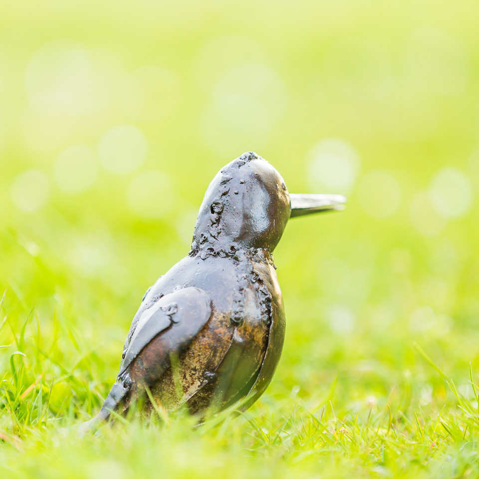 Metalen tuinbeeld van een iJsvogel, gemaakt door een Afrikaanse kunstenaar. IJsvogel